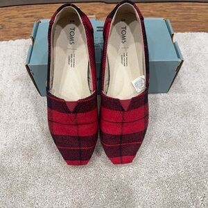 Toms Red and Black Plaid Flats